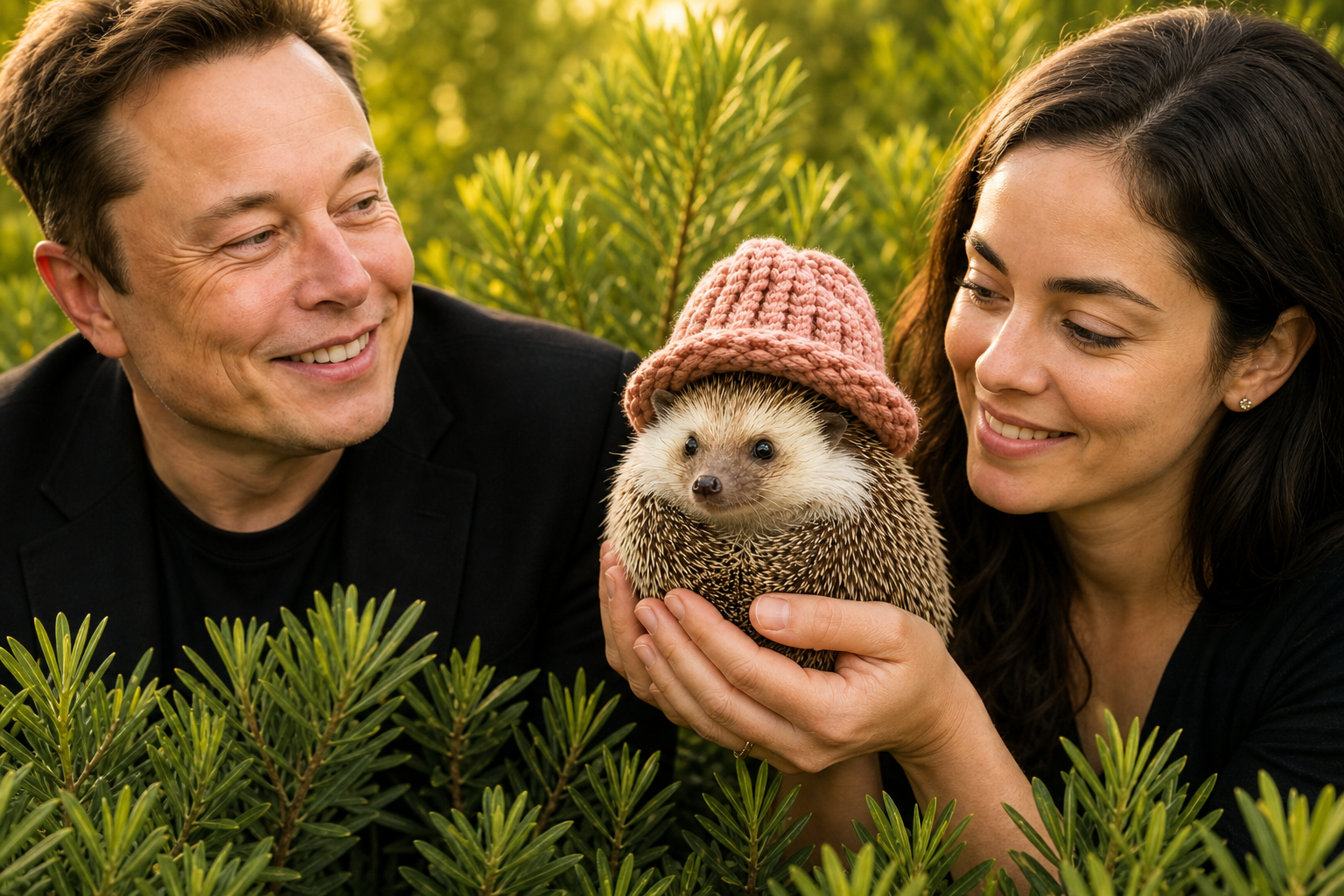 Elon Musk and Shivon Zilis with Shrub the hedgehog wearing a pink knitted hat in green shrubbery