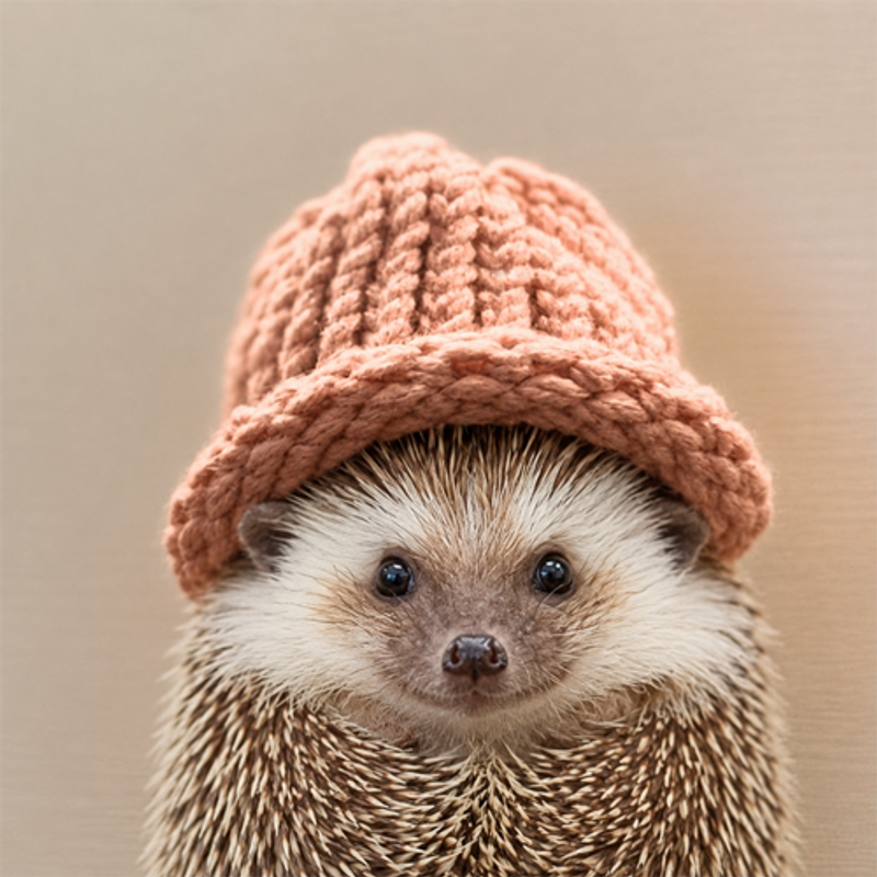 Shrub the hedgehog wearing a pink knitted hat